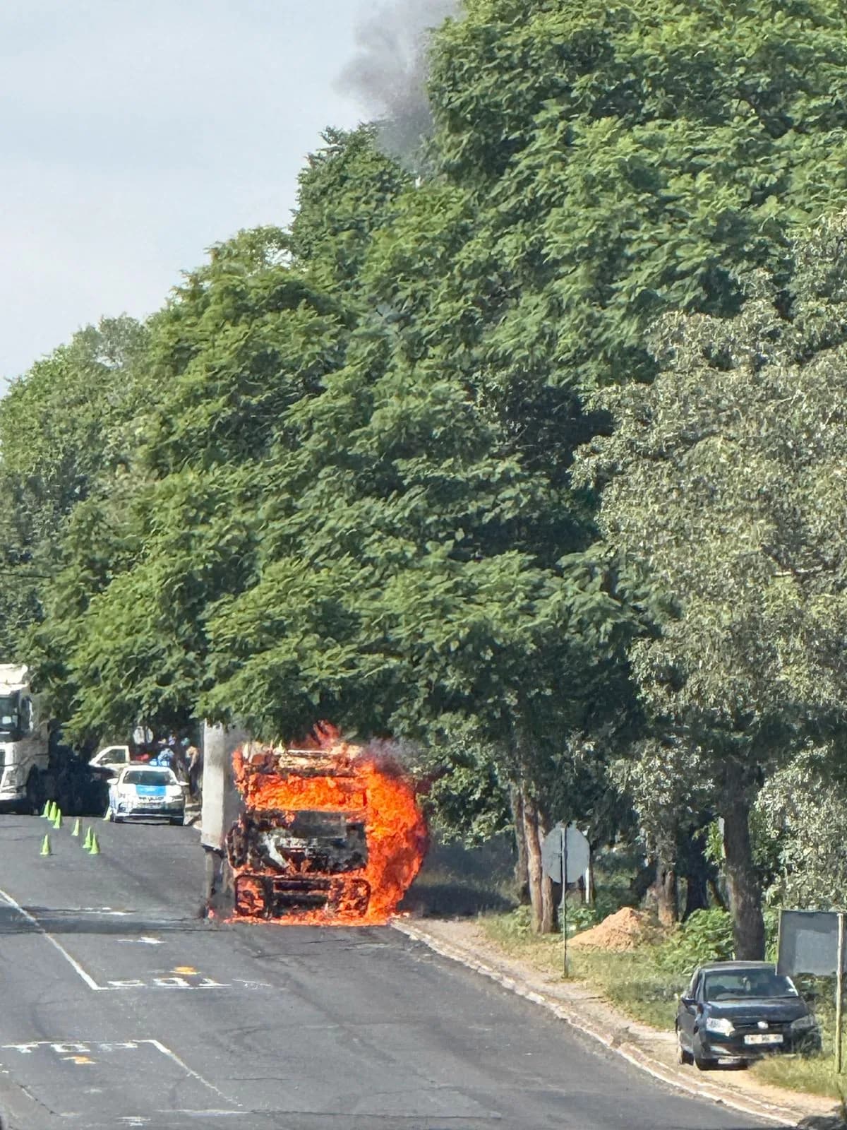 Truck Fire Blocks Road, Driver Escapes